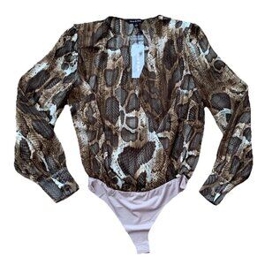 Strut & Bolt Brown Snake Print Metallic Bodysuit Blouse Women’s Small NWT